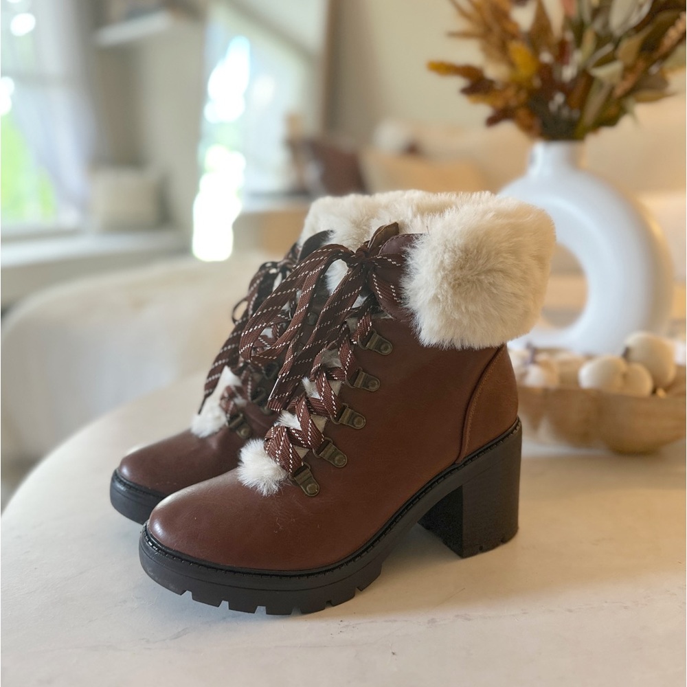 Faux fur lined lace up block heel booties